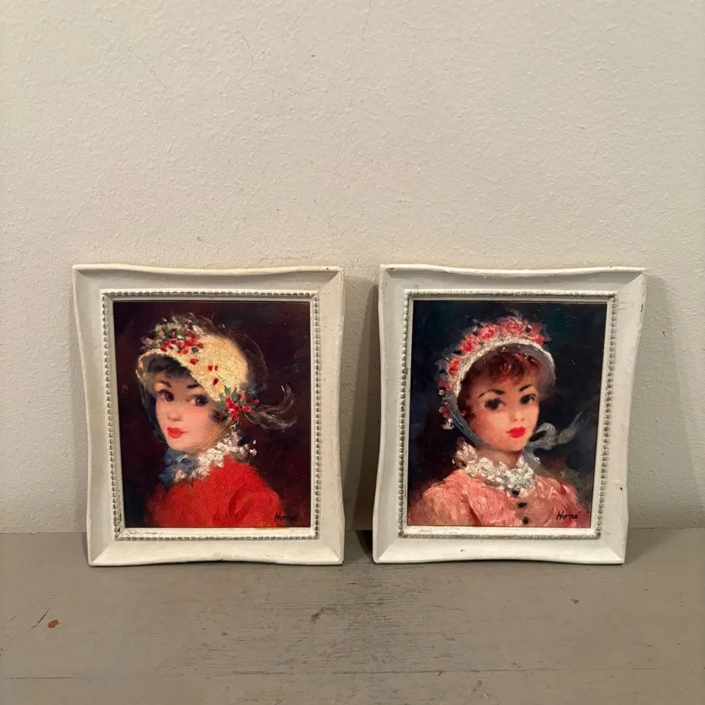 Two VTG Hone’ Framed Women In Bonnets Paintings
